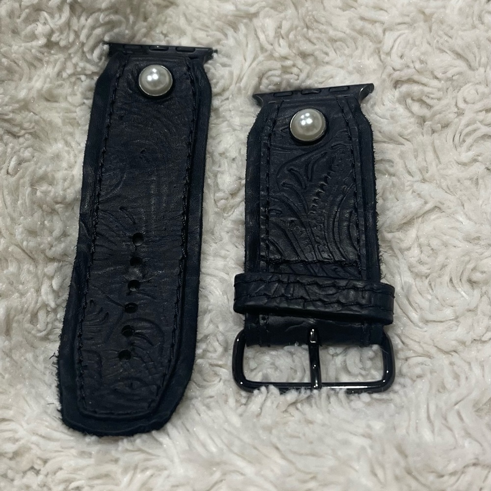 Black leather Apple Watch band with pearl embellishments